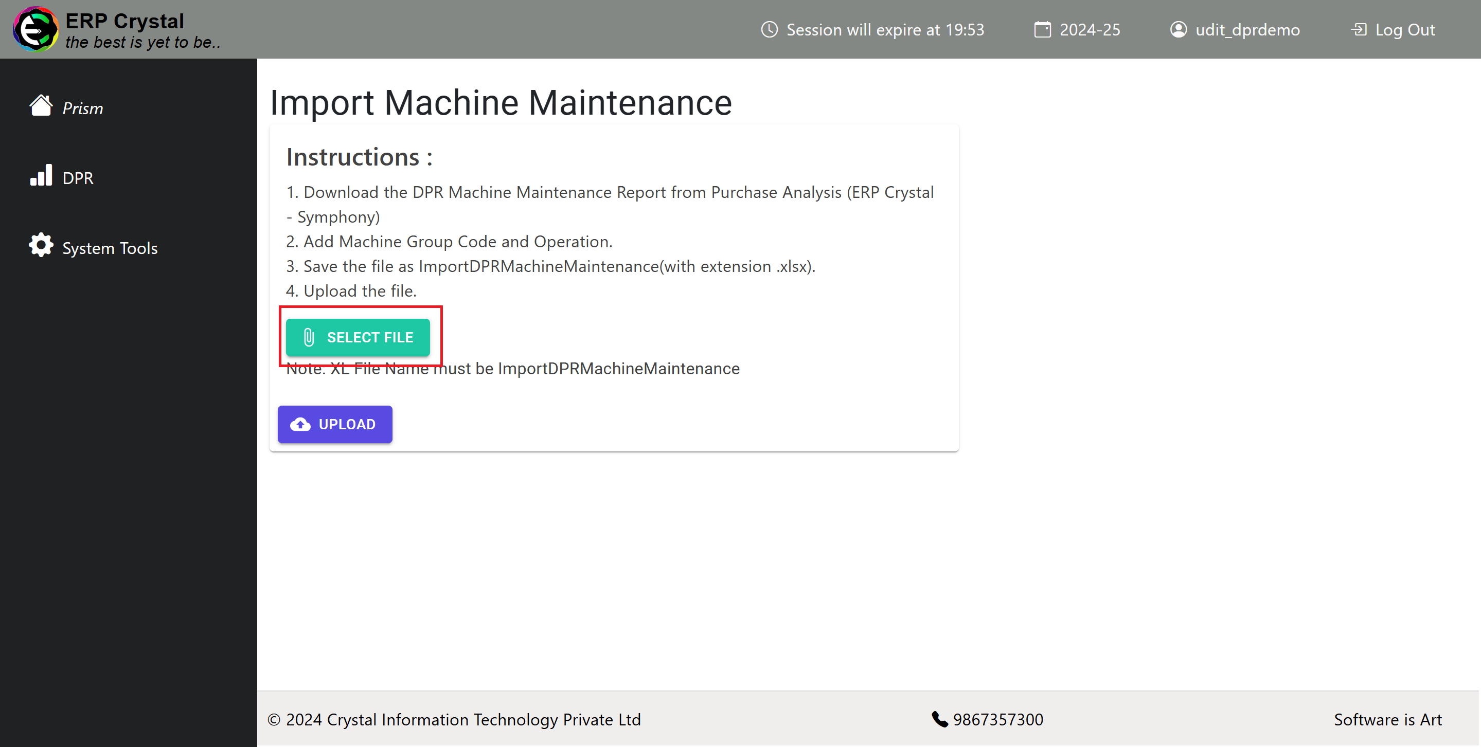 Import Machine Maintenance Page