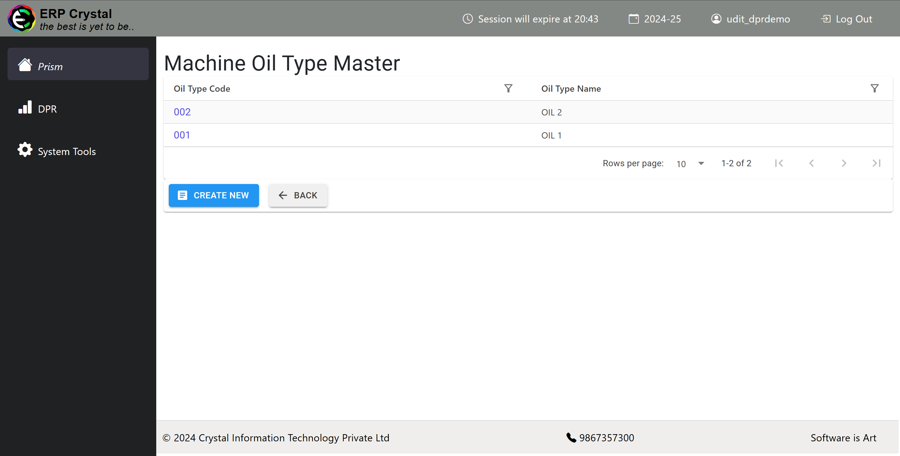 Machine Oil Type Index