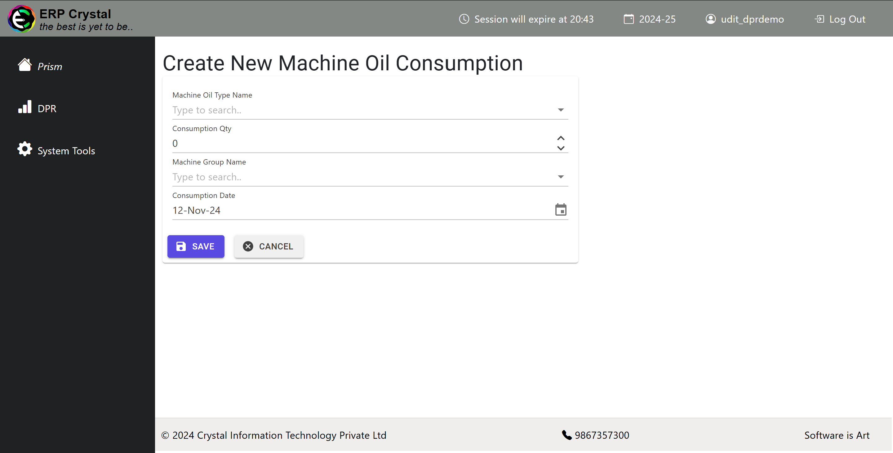 Machine Oil Consumption Create Page