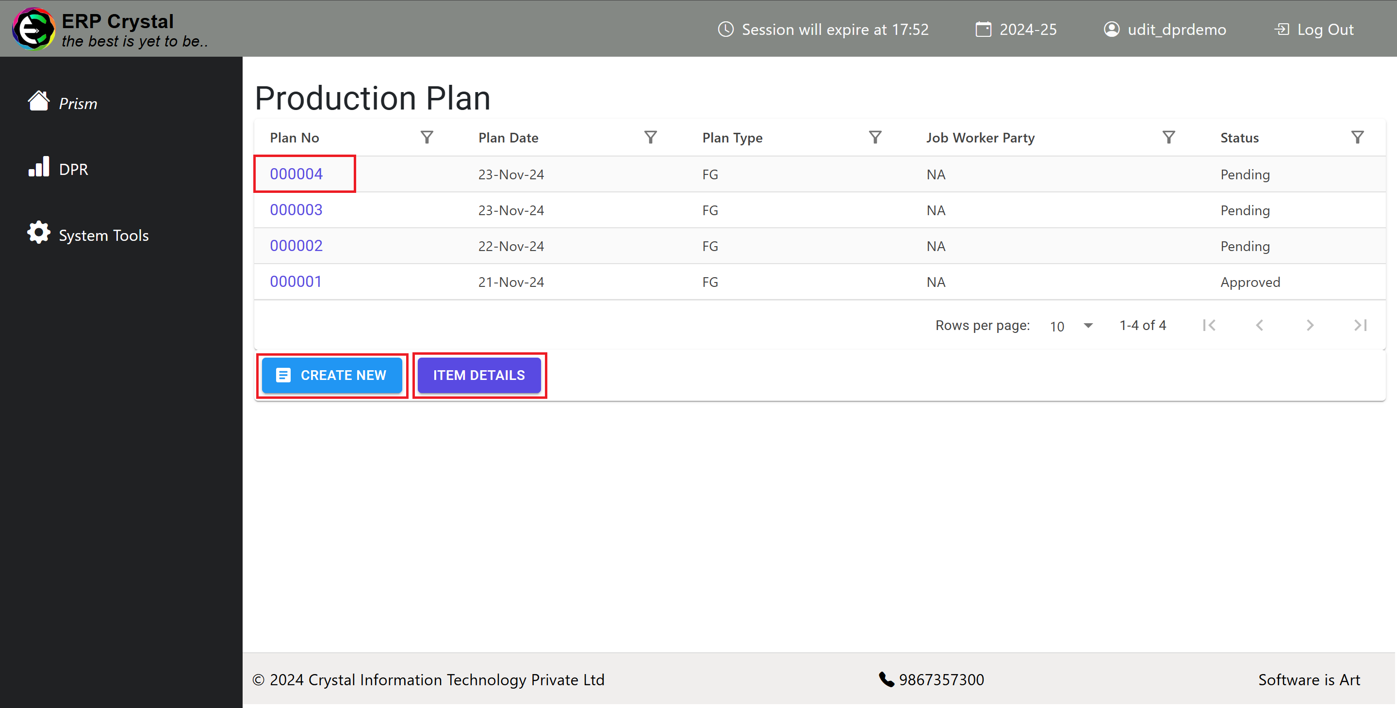 Production Plan Index