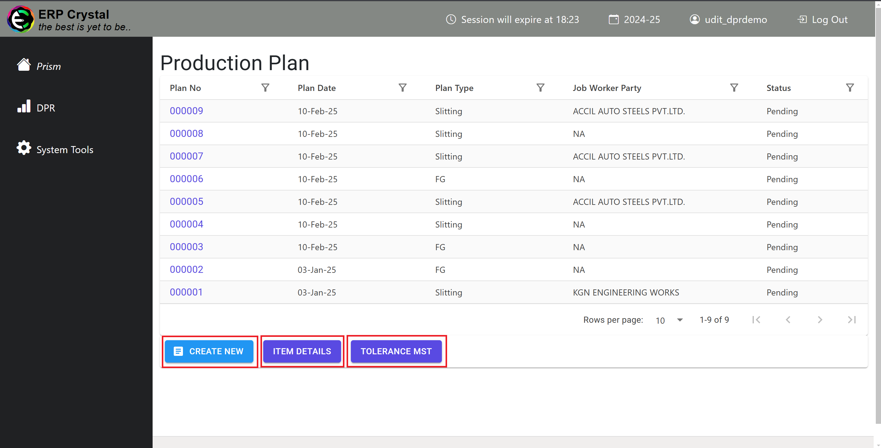 Production Plan Index