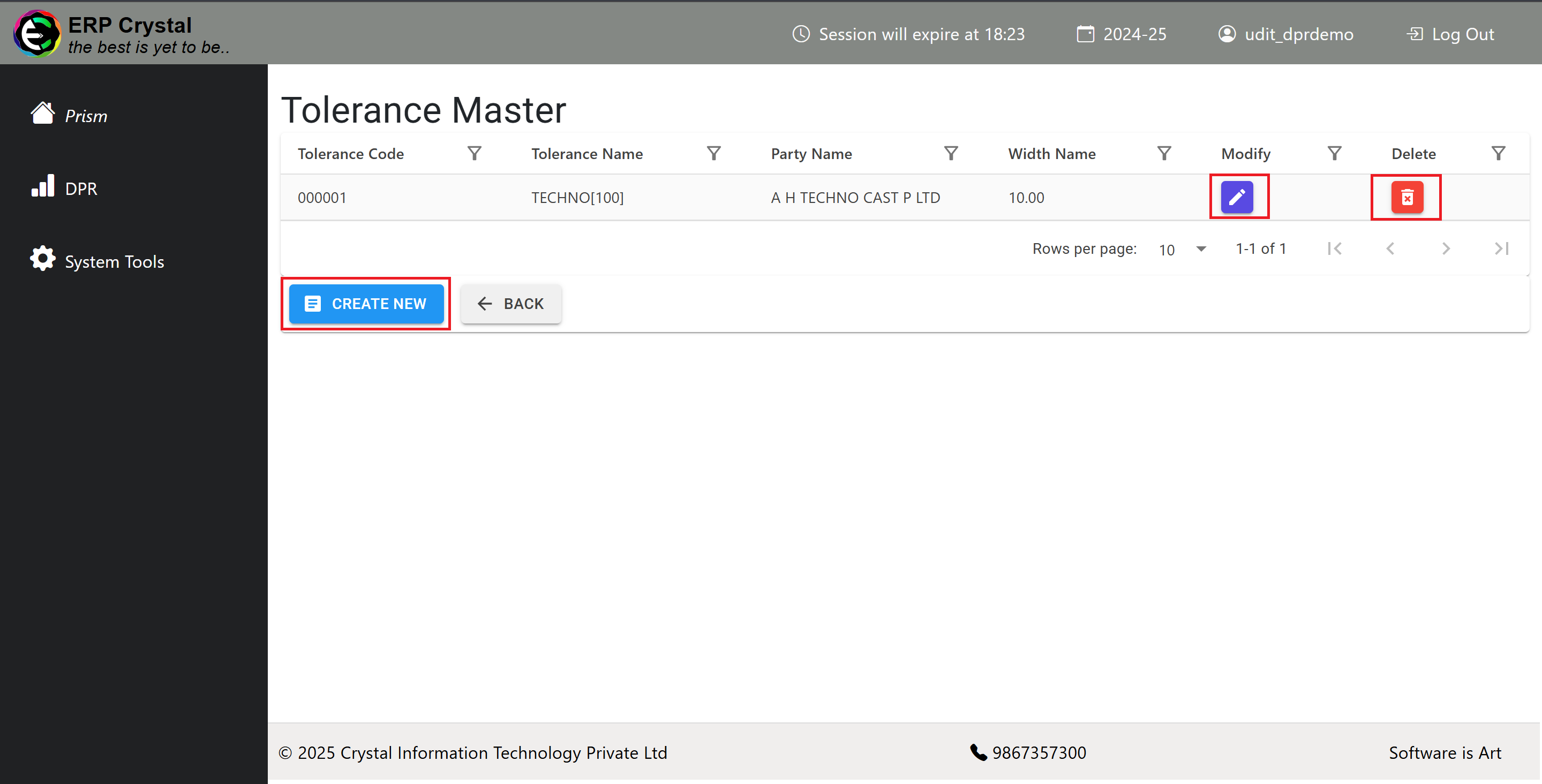 Production Plan Tolerance Master Index