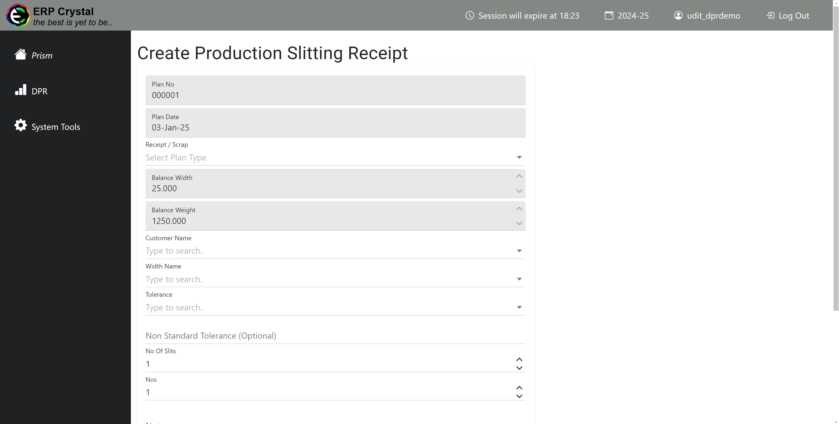 Production Plan Create Receipt