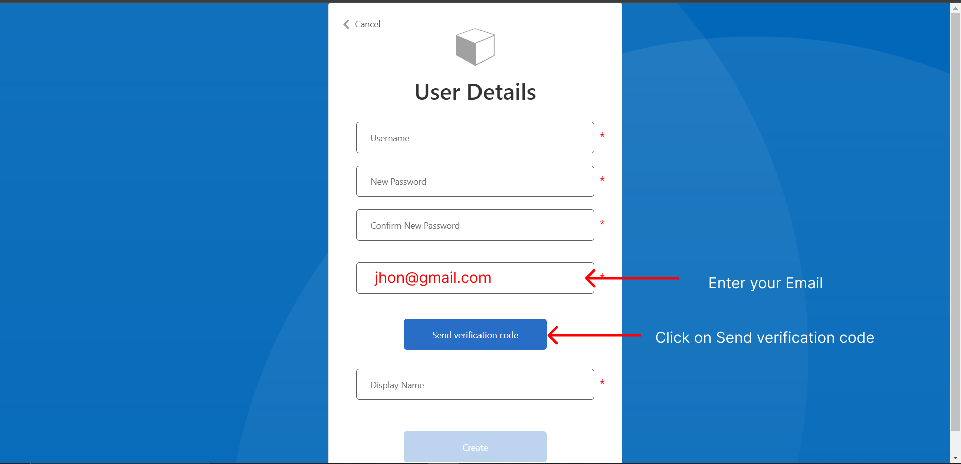 Email verification page with fields for email and verification code