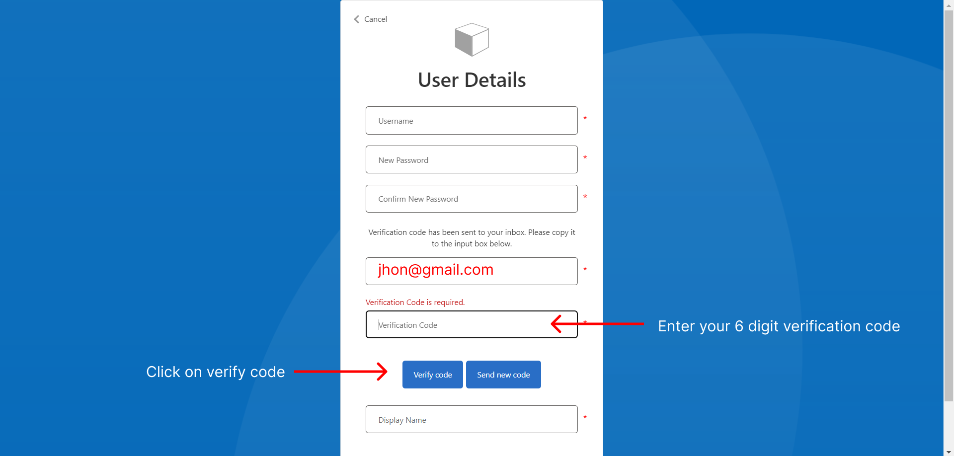 Username and Display name creation fields with examples