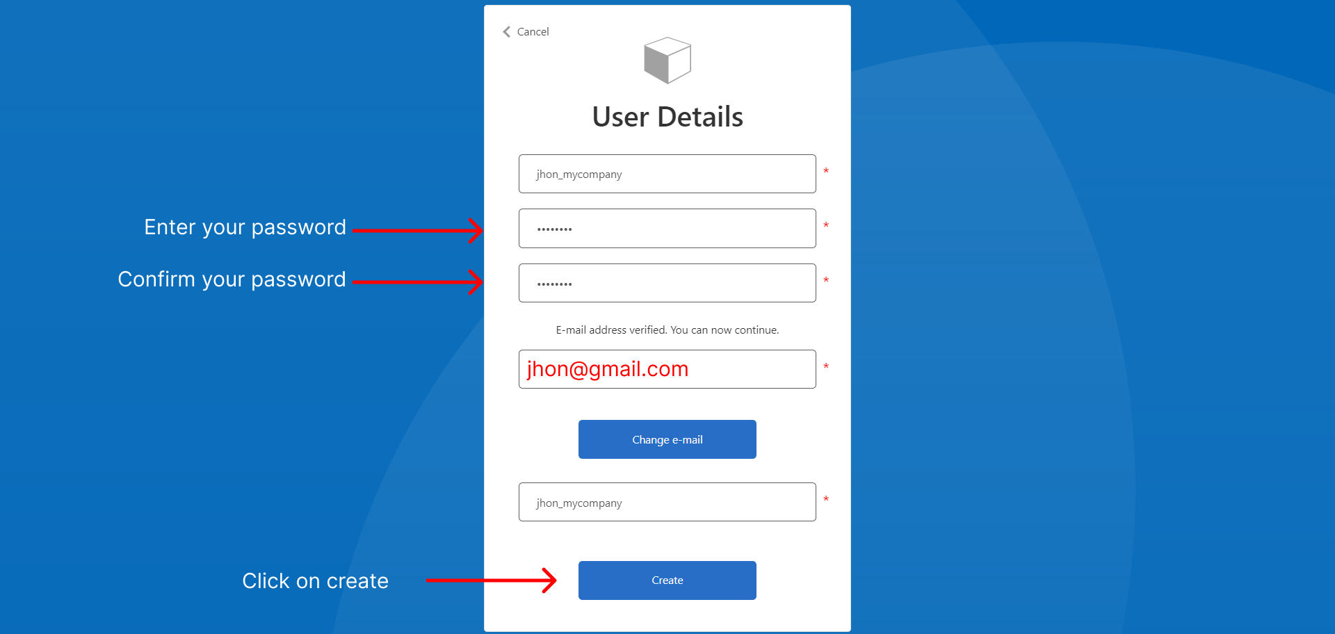 Registration review page with Create button highlighted